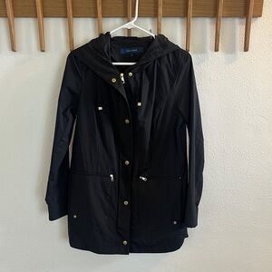 Cole Haan Packable Black Hooded Trench Coat with Gold Accents